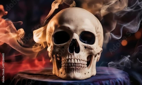 a realistic human skull placed on a fabric-covered surface, surrounded by colorful, swirling smoke against a dark background