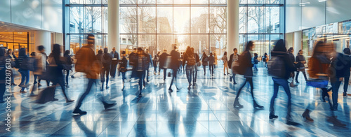 Students walking in university lobby blurred motion modern clothing large windows