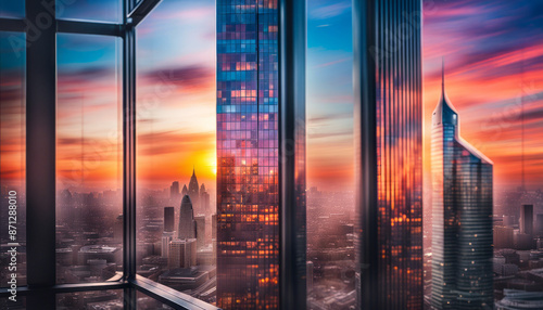 A modern glass and steel skyscraper towering over a bustling cityscape, reflecting the vibrant colors of the sunset. The building's facade offers a striking canvas for text.