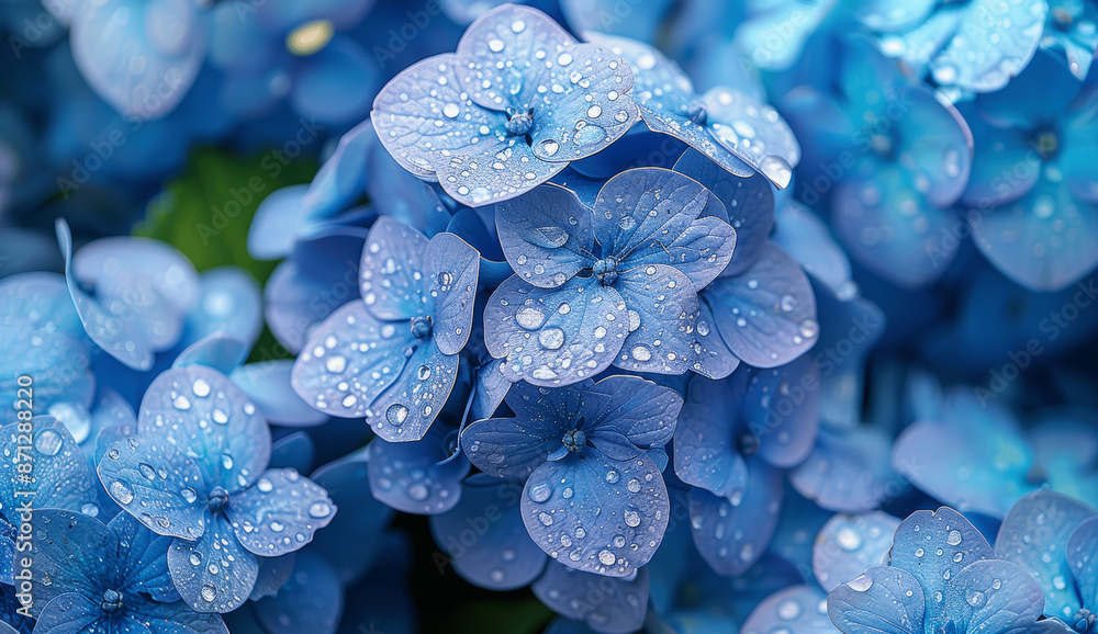 Close Up Blue Hydrangea Flowers with Water Drops Natural Background Floral Pattern Wallpaper Dew Blue to Purple Flowers Middle Right Focus Shallow Depth Soft Dreamy Feel Close Up Blue Hydrangea Flowers with Water Drops Natural Background Floral Pattern Wallpaper Dew Blue to Purple Flowers Middle Right Focus Shallow Depth Soft Dreamy Feel