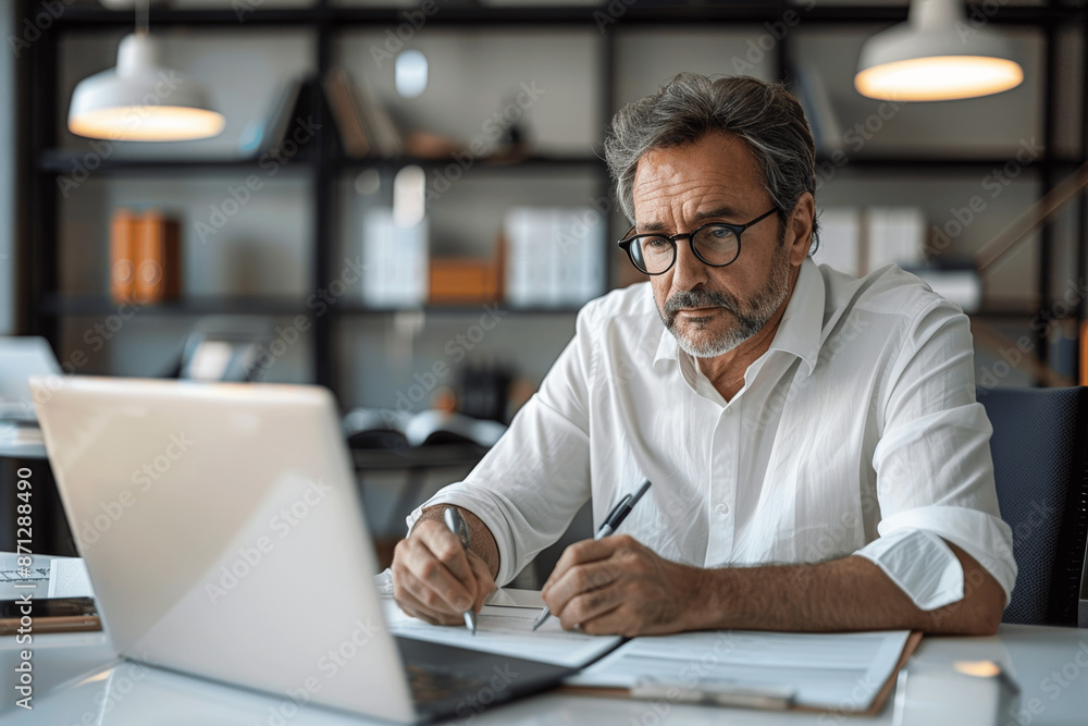 Focused Middle-aged Man Working on Laptop in Modern Office, Writing Notes and Using Pen, Serious Expression, Professional Business Environment Focused Middle-aged Man Working on Laptop in Modern Office, Writing Notes and Using Pen, Serious Expression, Professional Business Environment