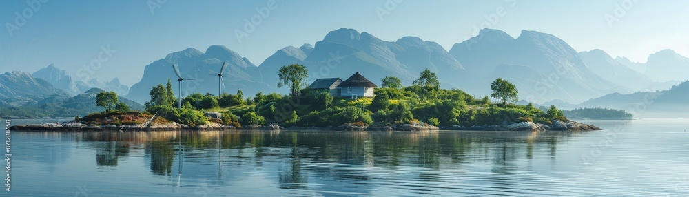 Tranquil Island Escape with Windmills, House, and Majestic Mountains in Background Tranquil Island Escape with Windmills, House, and Majestic Mountains in Background