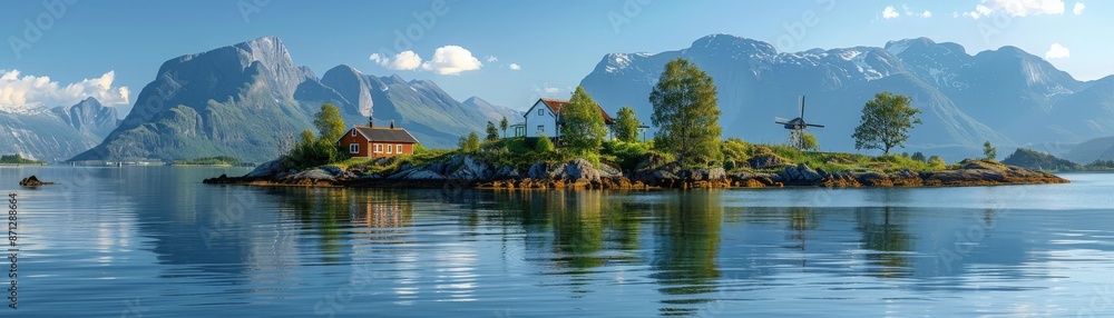 Obraz premium Tranquil Island Retreat: Windmills, House, and Mountains by the Sea