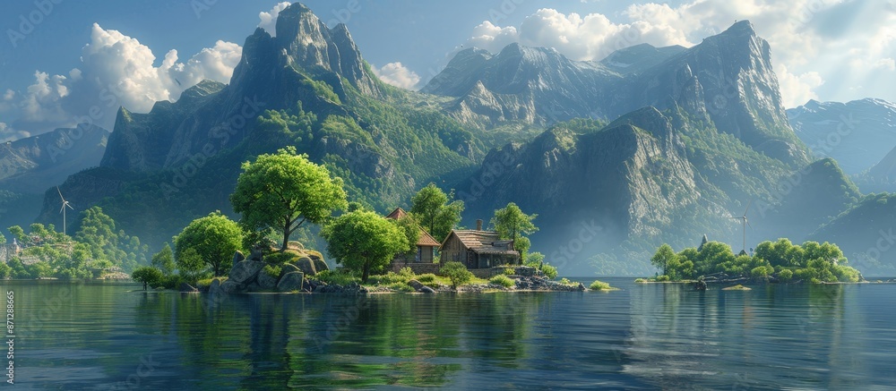 Serene Island Paradise: Windmills, House, and Majestic Mountains Reflection on Tranquil Waters Serene Island Paradise: Windmills, House, and Majestic Mountains Reflection on Tranquil Waters