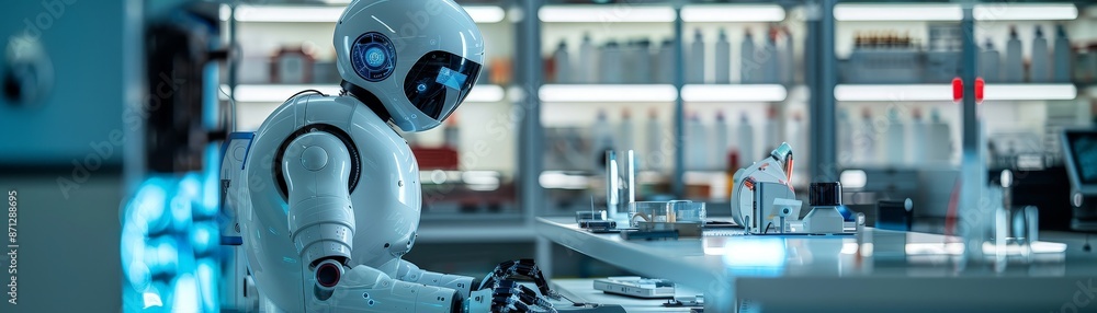 Futuristic AI Robot Demonstrating Advanced Technology in a Science Lab Setting Futuristic AI Robot Demonstrating Advanced Technology in a Science Lab Setting