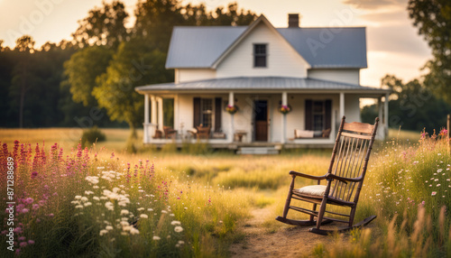 A rustic farmhouse nestled in a field of wildflowers, with a porch swing and a rocking chair inviting relaxation. The idyllic setting provides a peaceful backdrop for text.