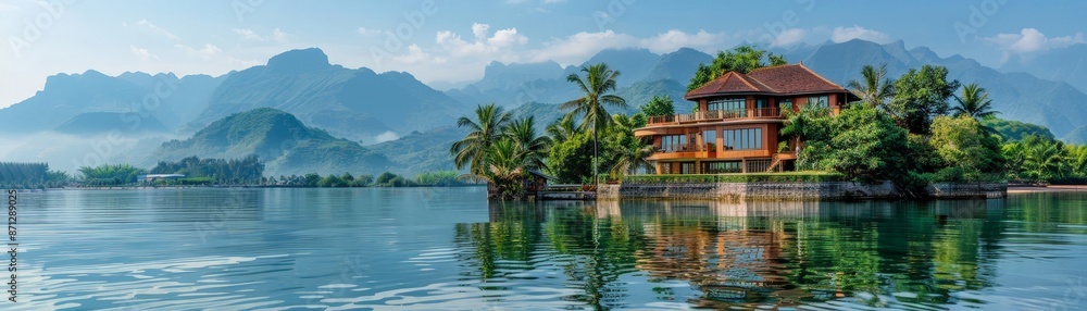 Serene Island Escape with Windmills, House, and Mountain Views Over Calm Waters Serene Island Escape with Windmills, House, and Mountain Views Over Calm Waters