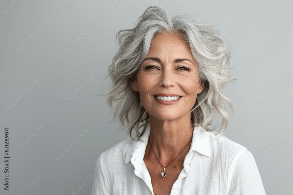Stylish Senior Woman with Gray Hair Smiling in White Shirt Closeup Portrait of Happy Elderly Lady with Healthy Skin Beauty Dental Care Concept Stylish Senior Woman with Gray Hair Smiling in White Shirt Closeup Portrait of Happy Elderly Lady with Healthy Skin Beauty Dental Care Concept