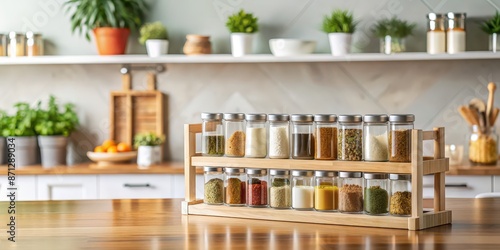 Fototapeta Naklejka Na Ścianę i Meble -  Empty spice rack in a serene kitchen, empty, spice rack, kitchen, calm, peaceful, organized, cooking, culinary