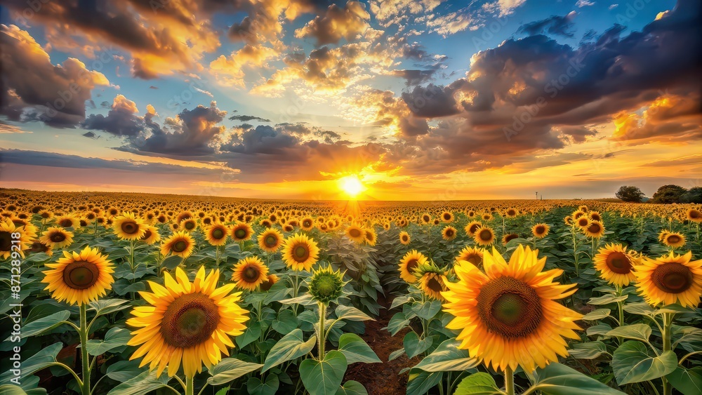 Fototapeta premium Beautiful sunset over a sunflower field, sunflowers, field, sunset, golden hour, nature, beauty, agriculture, landscape, vibrant