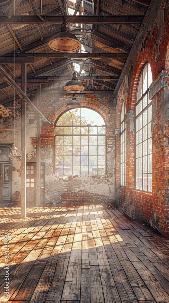 Sunlit interior of an old industrial building with exposed brick walls and large windows, architectural beauty. Urban decay and restoration concept Sunlit interior of an old industrial building with exposed brick walls and large windows, architectural beauty. Urban decay and restoration concept