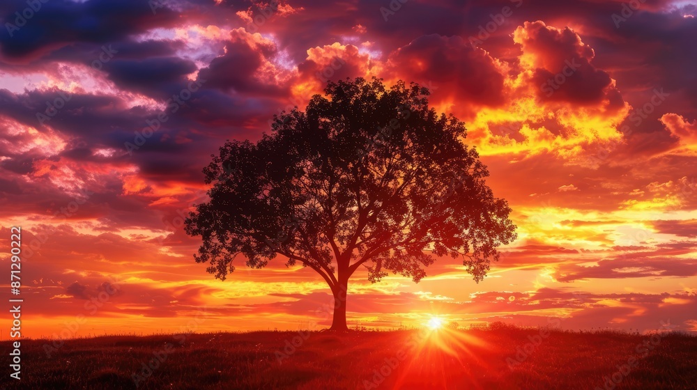 Frame the dramatic silhouette of a lone tree against a fiery sunset Frame the dramatic silhouette of a lone tree against a fiery sunset