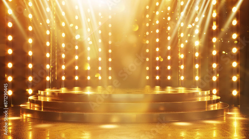 Glowing golden podium with spotlights for award ceremony or presentation photo