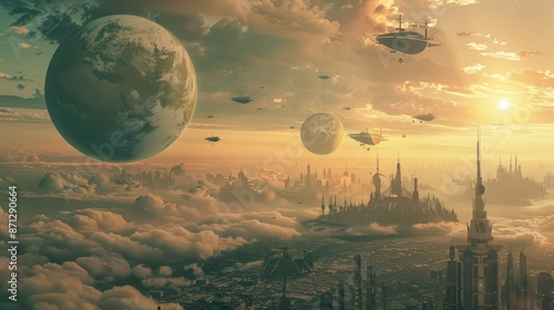 A terraformed Venus with floating cities in its upper atmosphere, connected by airships and drones photo