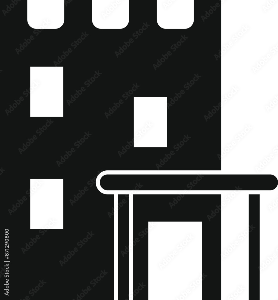 Simple black and white icon of a building with columns and a canopy, representing modern architecture Simple black and white icon of a building with columns and a canopy, representing modern architecture