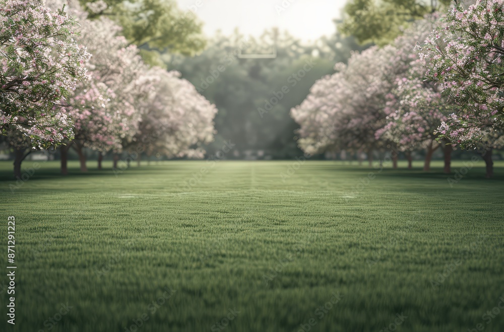 Obraz premium A serene path lined with blossoming trees leading into a lush green meadow. Sunlight filters through the leaves, casting dappled shadows on the grass.