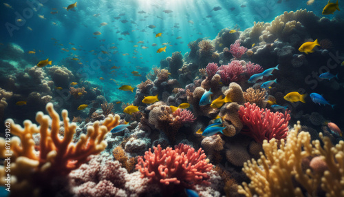 Aerial view of a vibrant coral reef teeming with colorful fish and marine life, sunlight filtering through the crystal-clear water.