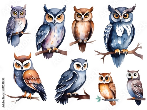 Wallpaper Mural set of cute watercolor cartoon owl. Torontodigital.ca