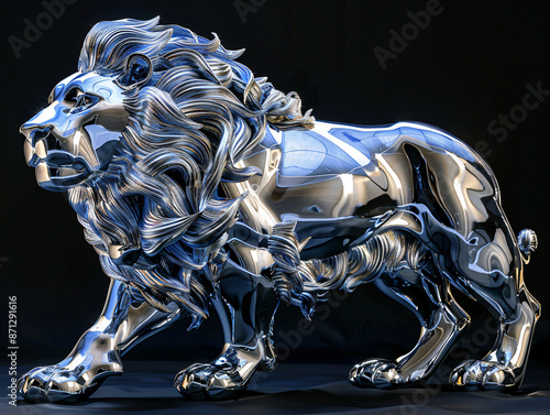 a stylized, shiny, silver lion statue. It appears to be made of metal photo