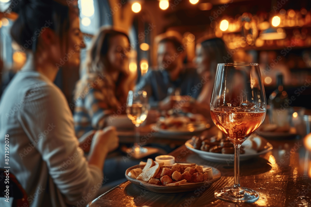 Friends enjoying tapas at a cozy urban bar with wine and small plates like chorizo, patatas bravas, and gambas al ajillo, warm lighting and lively background conversation