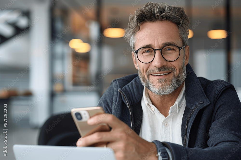 Smiling middle aged Hispanic business manager using mobile phone at desk in modern office, mature Latin Indian businessman CEO with glasses working online on laptop, happy professional portrait Smiling middle aged Hispanic business manager using mobile phone at desk in modern office, mature Latin Indian businessman CEO with glasses working online on laptop, happy professional portrait