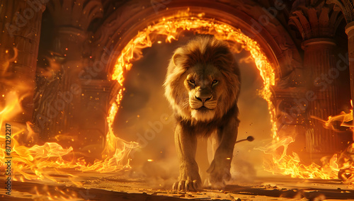 Majestic lion walking through a fiery archway, symbolizing power and strength amidst intense flames of orange and yellow. photo