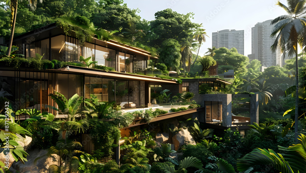 Modern tropical retreat with luxurious architecture surrounded by lush greenery with a city skyline in the background. Modern tropical retreat with luxurious architecture surrounded by lush greenery with a city skyline in the background.