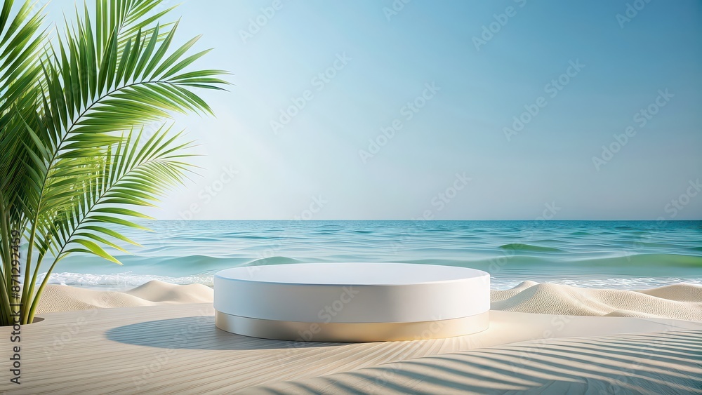 Abstract minimal display podium with summer beach scene for product or cosmetic presentation, render, abstract, minimal, display Abstract minimal display podium with summer beach scene for product or cosmetic presentation, render, abstract, minimal, display