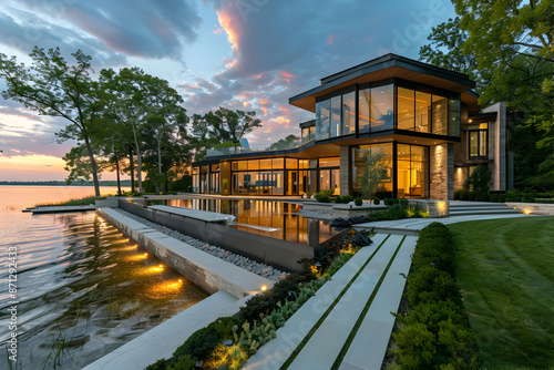 Modern luxury lakefront house with large windows, well-lit outdoor area and beautiful sunset. Ideal for real estate and architectural use. photo