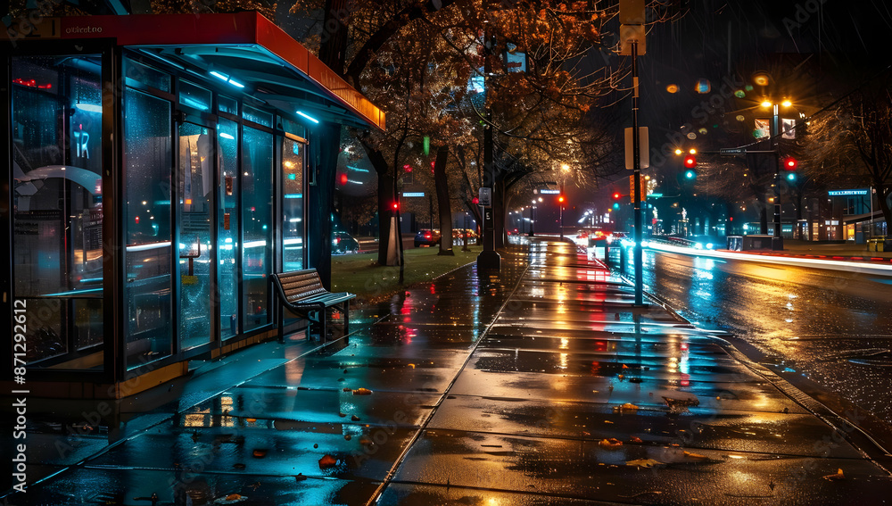 Fototapeta premium Rainy night cityscape with illuminated bus stop and streets reflecting vibrant neon lights, creating a moody urban atmosphere.