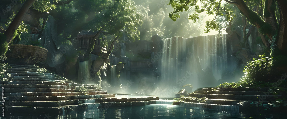 Serene ancient ruins in a lush jungle setting with cascading waterfalls and sun rays filtering through the dense foliage. Serene ancient ruins in a lush jungle setting with cascading waterfalls and sun rays filtering through the dense foliage.