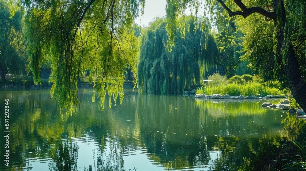 Frame the serene beauty of a weeping willow tree draping over a tranquil lake Frame the serene beauty of a weeping willow tree draping over a tranquil lake