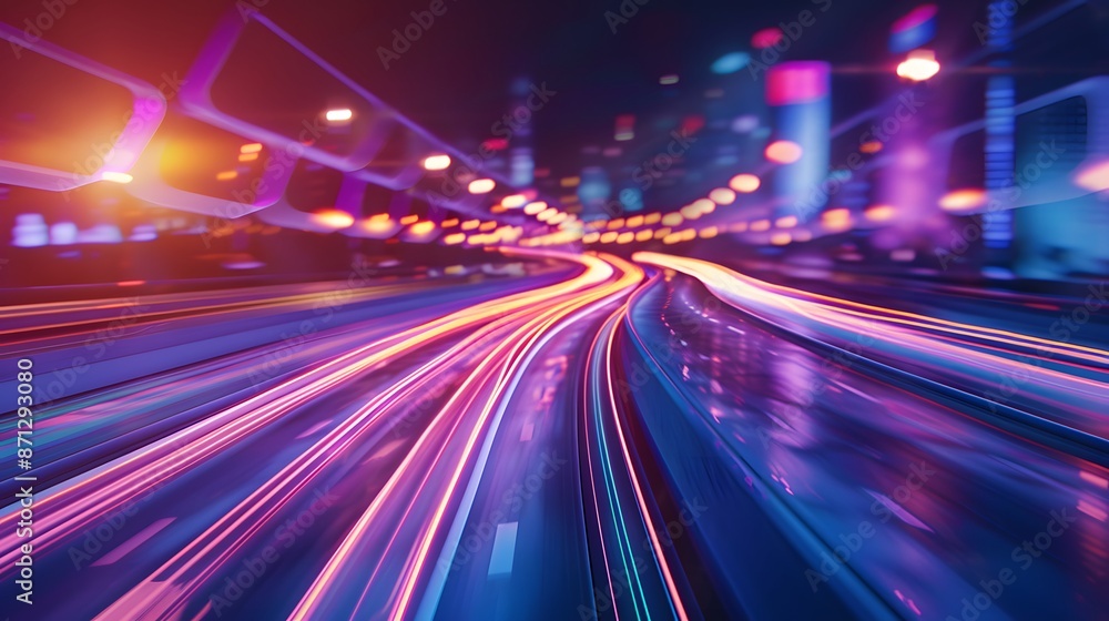 Obraz premium Neon road. Vector illustration of a road in a big city. Neon road background.