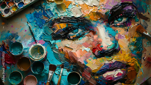 Vibrant and colorful abstract portrait painting with an array of paintbrushes and paint palettes, showcasing creative expression and artistic talent.