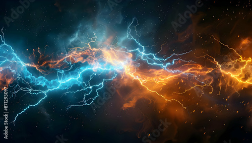 Vibrant cosmic energy of blue and orange lightning bolts clashing in outer space, creating a dynamic and colorful visual effect.