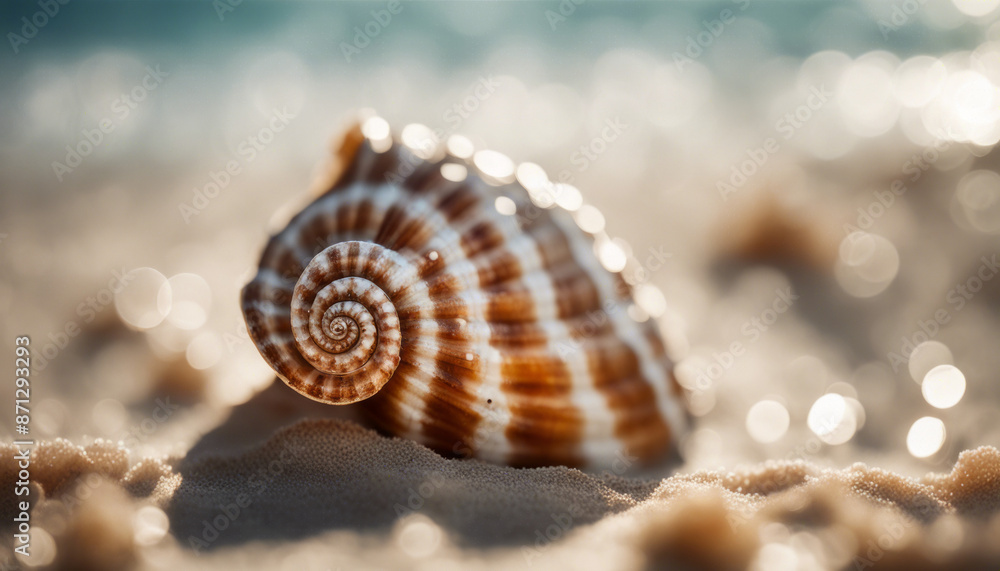 Close-up macro shot of a seashell adorned with intricate patterns and textures, resting on a sandy beach with the ocean in the background. Close-up macro shot of a seashell adorned with intricate patterns and textures, resting on a sandy beach with the ocean in the background.
