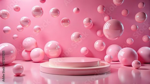 Pink surreal abstract background with podium and floating balls, surreal, minimal, abstract, pink, background, podium, balls