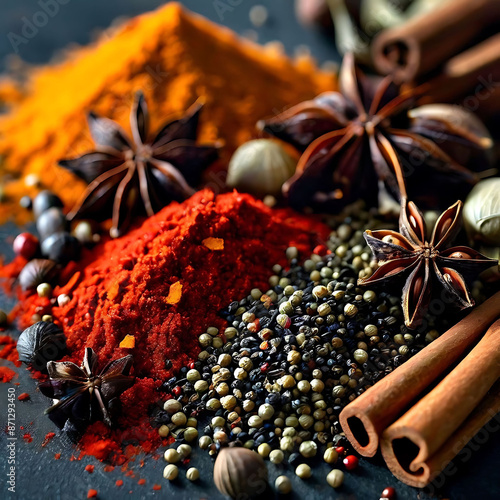 A Variety of Colorful Spices Piled Together Including Whole Peppercorns, Star Anise, and Chilies photo