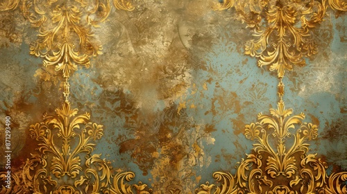 Baroque style Wallpaper with Gold and Colored Textures featuring Floral Ornaments and Retro Elegant Design Elements. Generative AI
