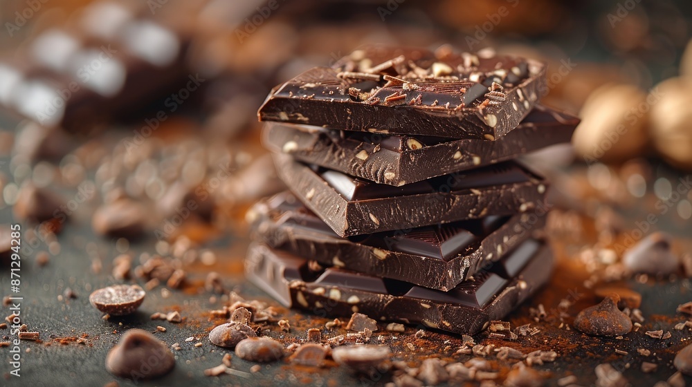 Stack of dark chocolate pieces with sprinkled cocoa beans and shavings, close-up view. Gourmet food and dessert concept Stack of dark chocolate pieces with sprinkled cocoa beans and shavings, close-up view. Gourmet food and dessert concept