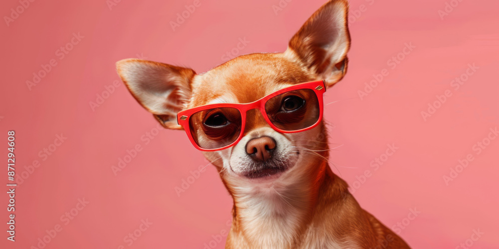 A cute chihuahua dog wearing sunglasses and a fashionable outfit against a solid background. A cute chihuahua dog wearing sunglasses and a fashionable outfit against a solid background.