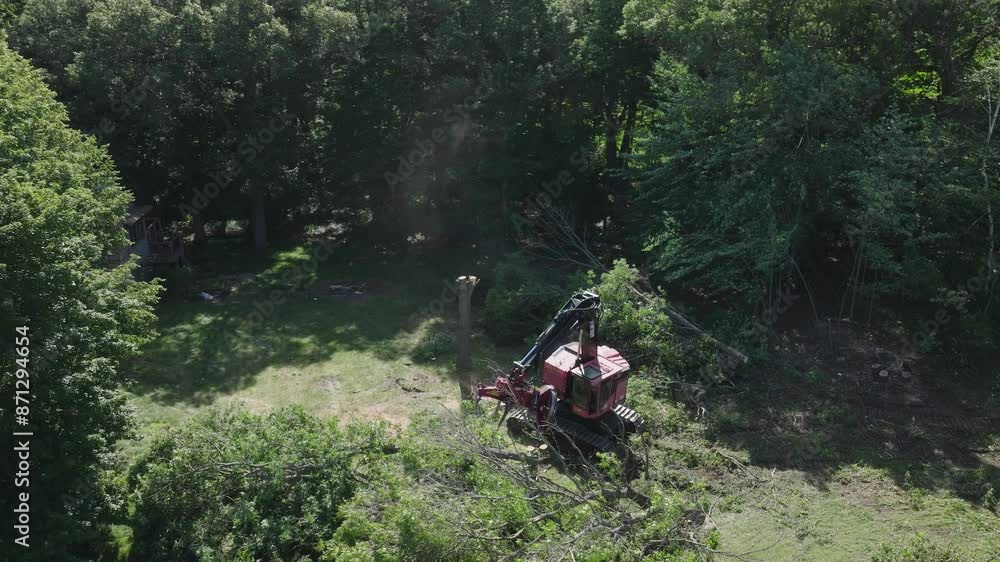 Automated Lumberjack machine gripping the cut trees and stacking them in a forest. Aerial view.