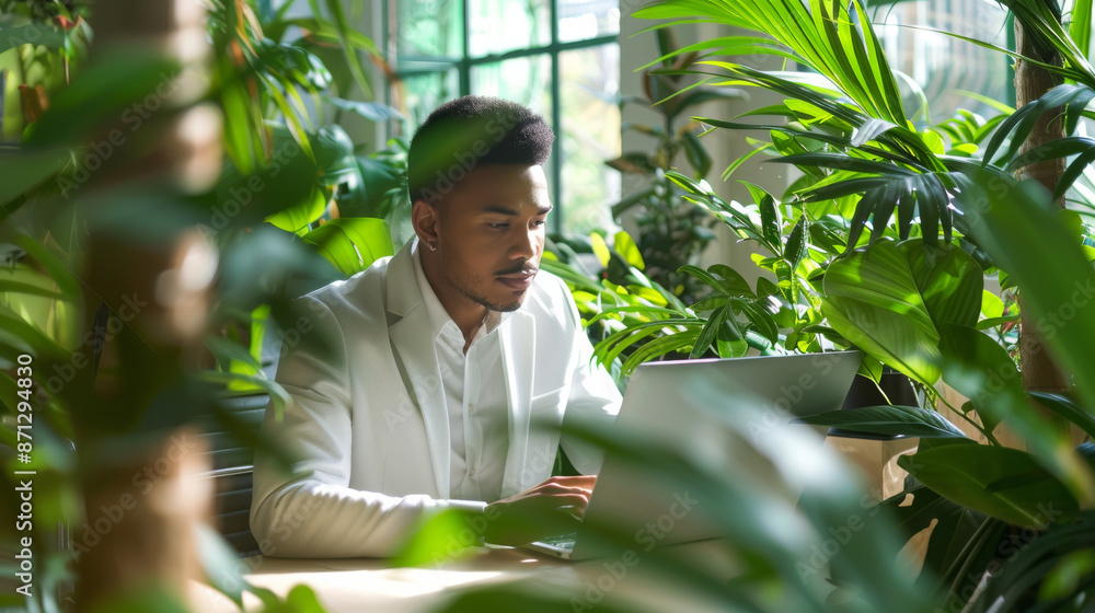 A focused individual works on a laptop amidst lush, green indoor plants, creating a natural and serene workspace. A focused individual works on a laptop amidst lush, green indoor plants, creating a natural and serene workspace.