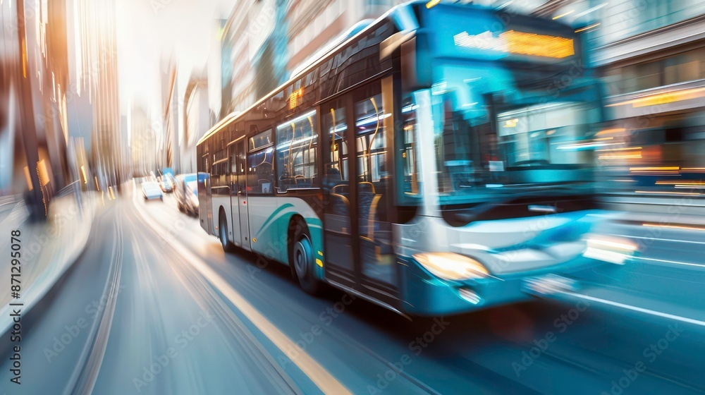 Close up city bus in motion on a city road highway on blurred buildings background. Generative AI Close up city bus in motion on a city road highway on blurred buildings background. Generative AI