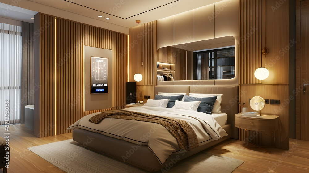 Smart Mirror in Modern Bedroom Providing Fashion Tips and Daily Schedule Display Smart Mirror in Modern Bedroom Providing Fashion Tips and Daily Schedule Display