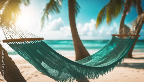 Low-angle shot of a hammock swaying gently between two palm trees on a tropical beach, overlooking the turquoise ocean.