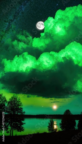 A starry green night sky with huge black clouds taking up most of the scenecanvas with afar bright moon