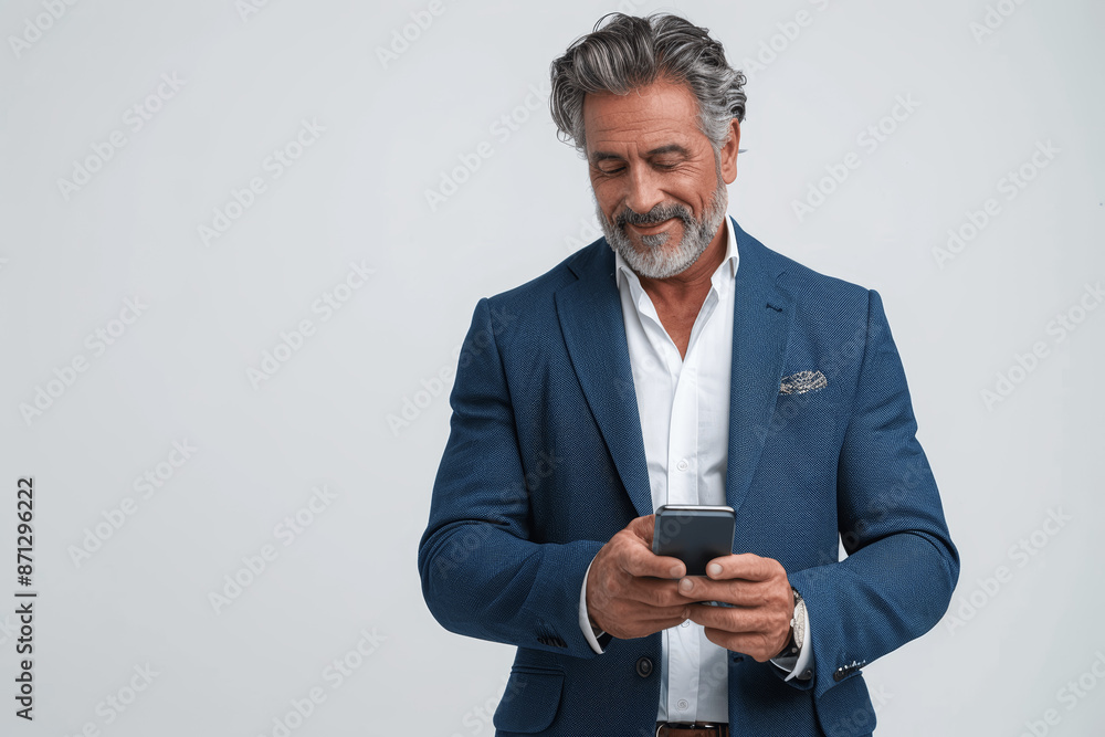 Confident middle-aged businessman in blue suit smiling using mobile phone isolated white background, mature man looking at smartphone for communication Confident middle-aged businessman in blue suit smiling using mobile phone isolated white background, mature man looking at smartphone for communication