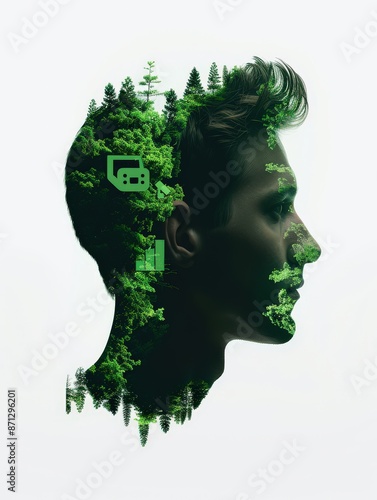 A man's profile is overlaid with a lush forest, symbolizing nature and human connection. © KanitChurem