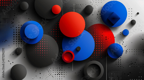 Abstract Geometric Design with Red, Blue, and Black Circles